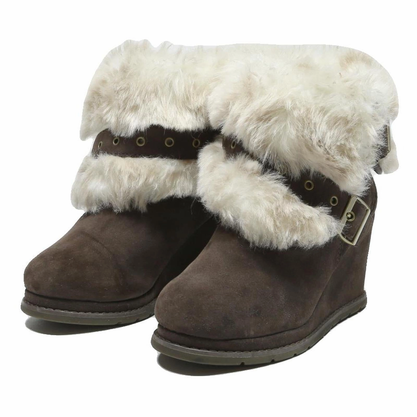 Red Dress And Boots CAT Womens Wedge Ankle Boots Brown Leather UK 3 Fur Trim Buckle Detail