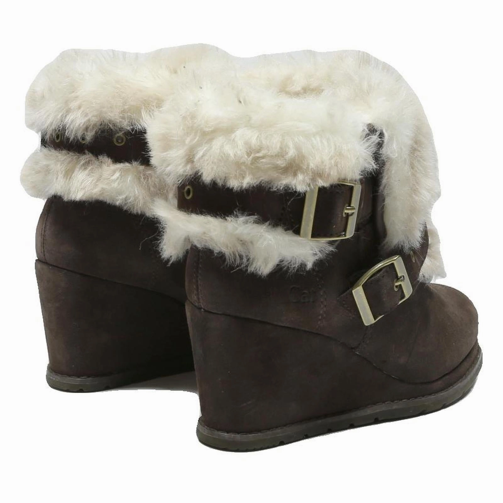 Wing Composite Toe Boots CAT Womens Wedge Ankle Boots Brown Leather UK 3 Fur Trim Buckle Detail