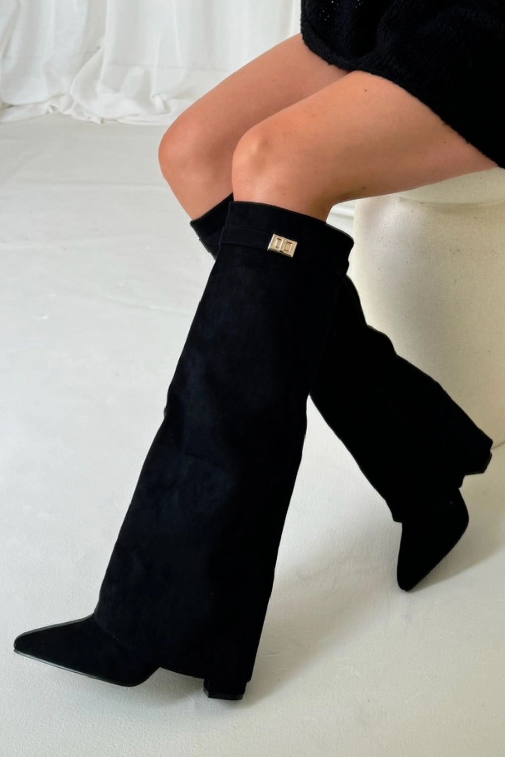 Knee High Boots With Elastic Back BLACK SUEDE FOLD OVER BUCKLE DETAIL FULL INSIDE ZIP BLOCK HEEL KNEE HIGH SHARK BOOTS