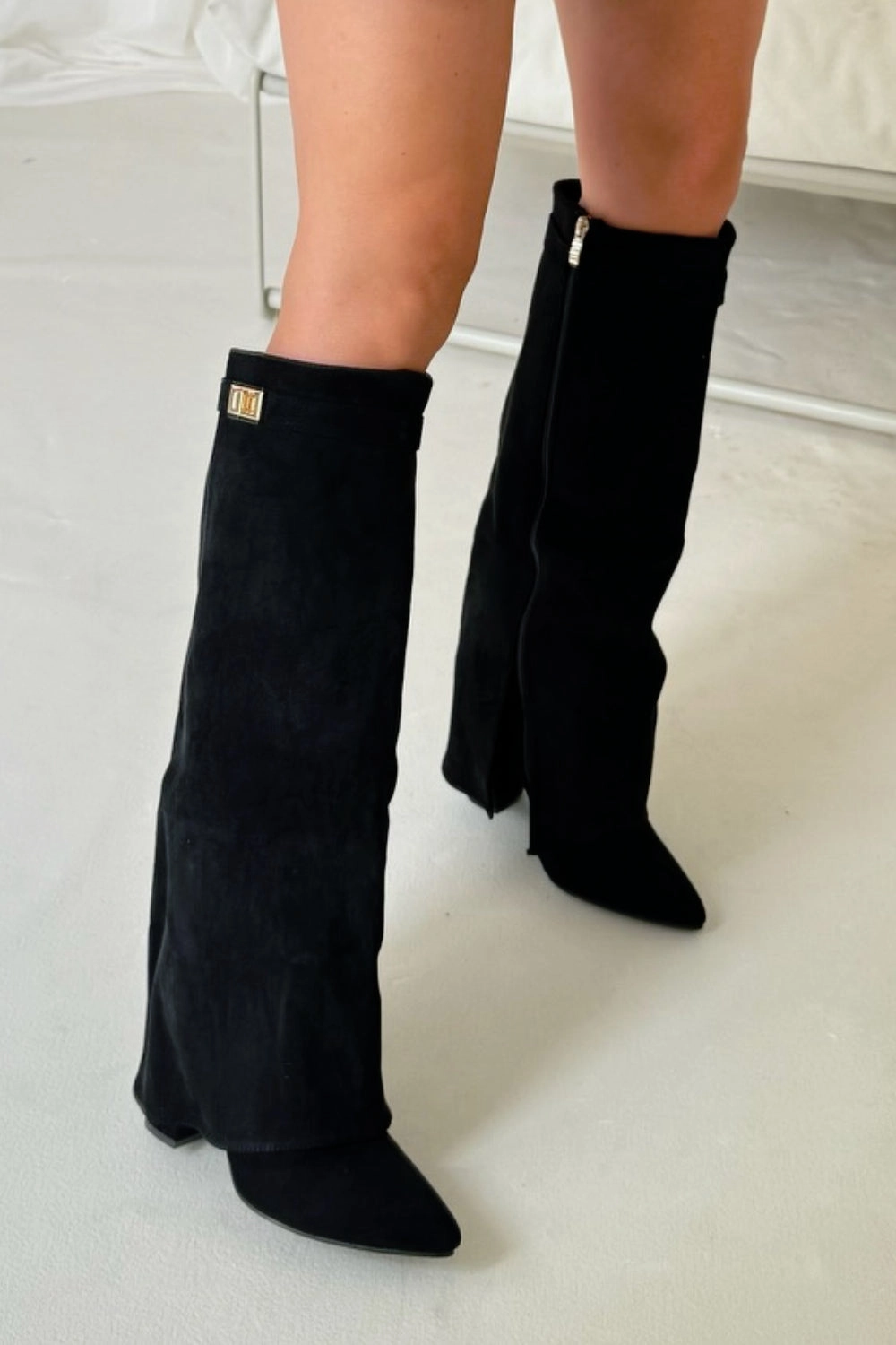 BLACK SUEDE FOLD OVER BUCKLE DETAIL FULL INSIDE ZIP BLOCK HEEL KNEE HIGH SHARK BOOTS Infant Knee High Boots