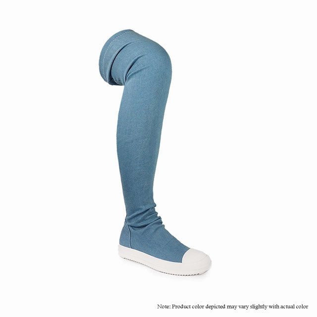 WANNABE-1 Denim Knee High Flat Cowboy Boots