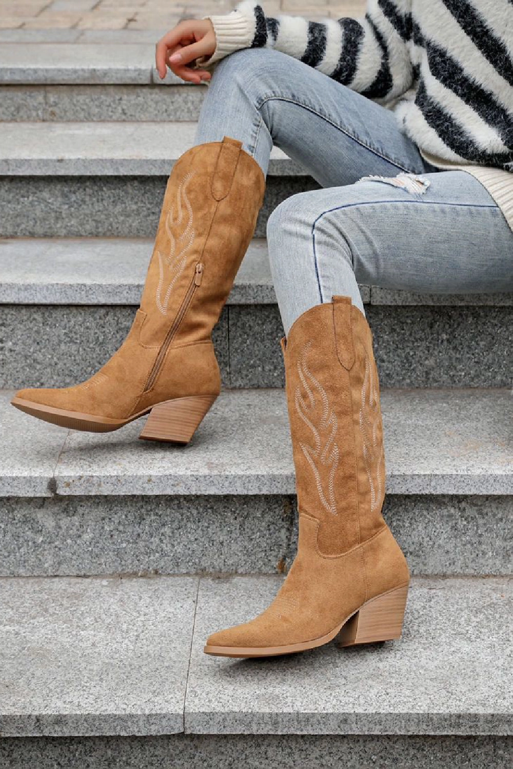 Patent Leather Over The Knee High Boots CAMEL EMBROIDERED BLOCK HEEL KNEE HIGH WESTERN COWBOY BOOTS