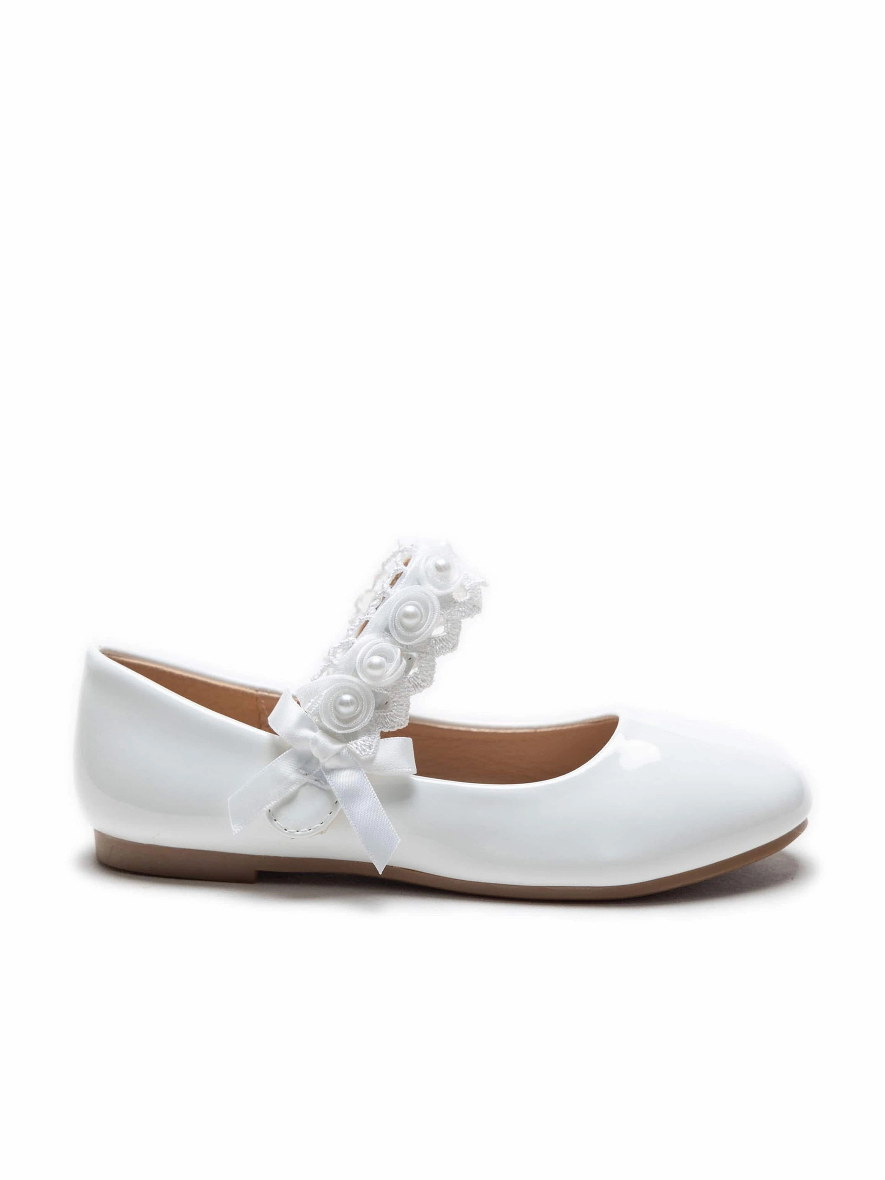 Flat Lace Up Dress Shoes White Patent Rose Pearl Doily Flats