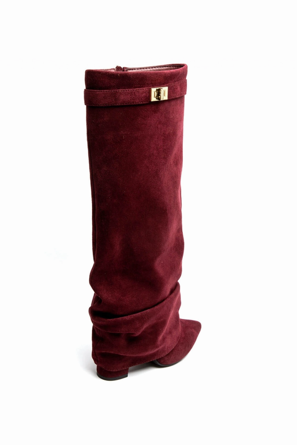 WINE SIDE LONG ZIP AND GOLD METAL DETAILED KNEE HIGH WESTERN COWBOY BOOTS Leather And Suede Knee High Boots