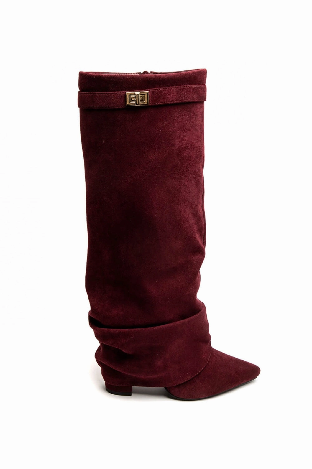 WINE SIDE LONG ZIP AND GOLD METAL DETAILED KNEE HIGH WESTERN COWBOY BOOTS Kim Kardashian Knee High Boots