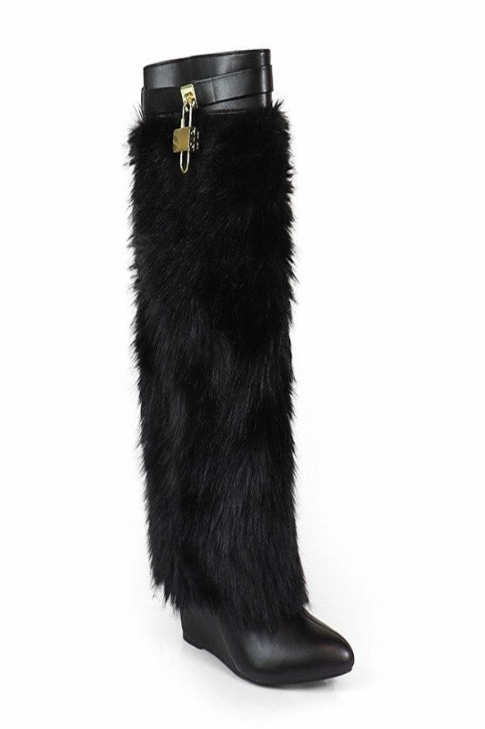 Fur Fold Over With Buckle Wedge Boots Leatherette Boots