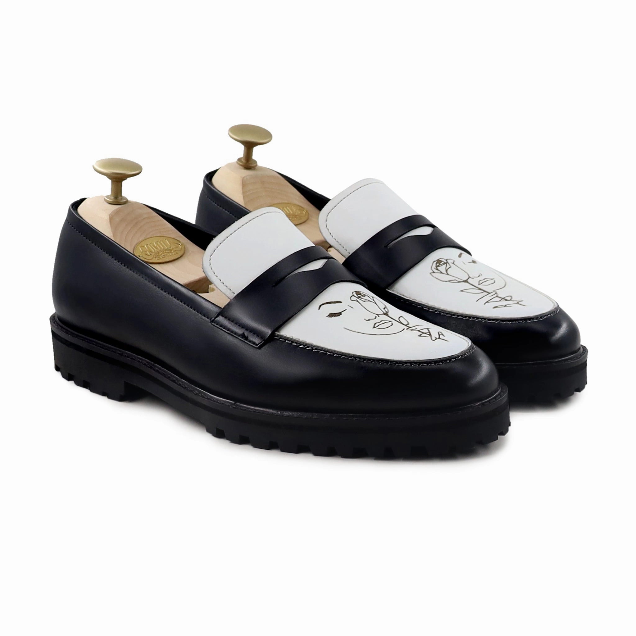 Hobart - Men's Black and White Calf Leather Loafer (Face Edition) Sherpa Lined Loafers
