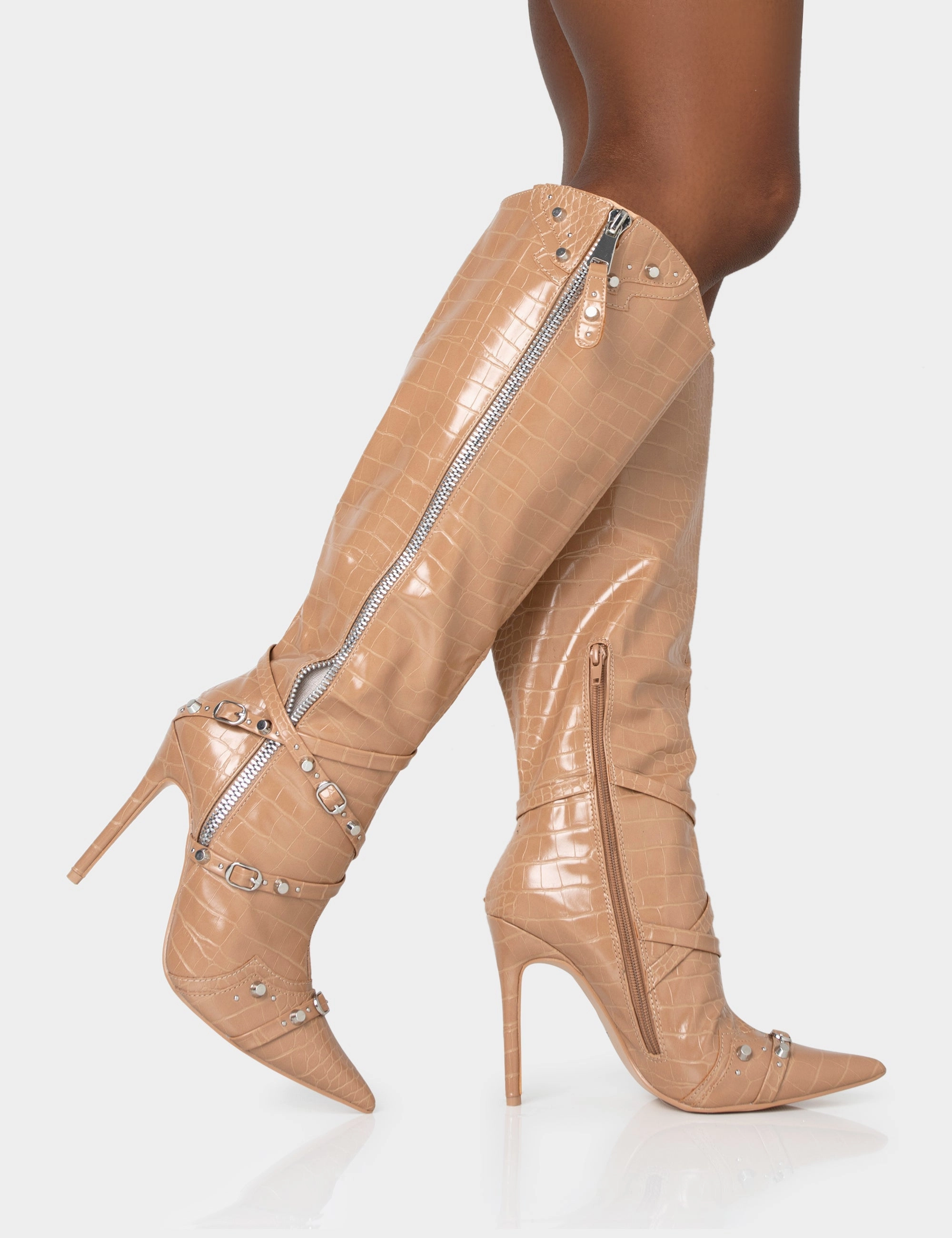 Worthy Camel Croc Studded Zip Detail Pointed Toe Stiletto Knee High Boots Ankle Snow Boots