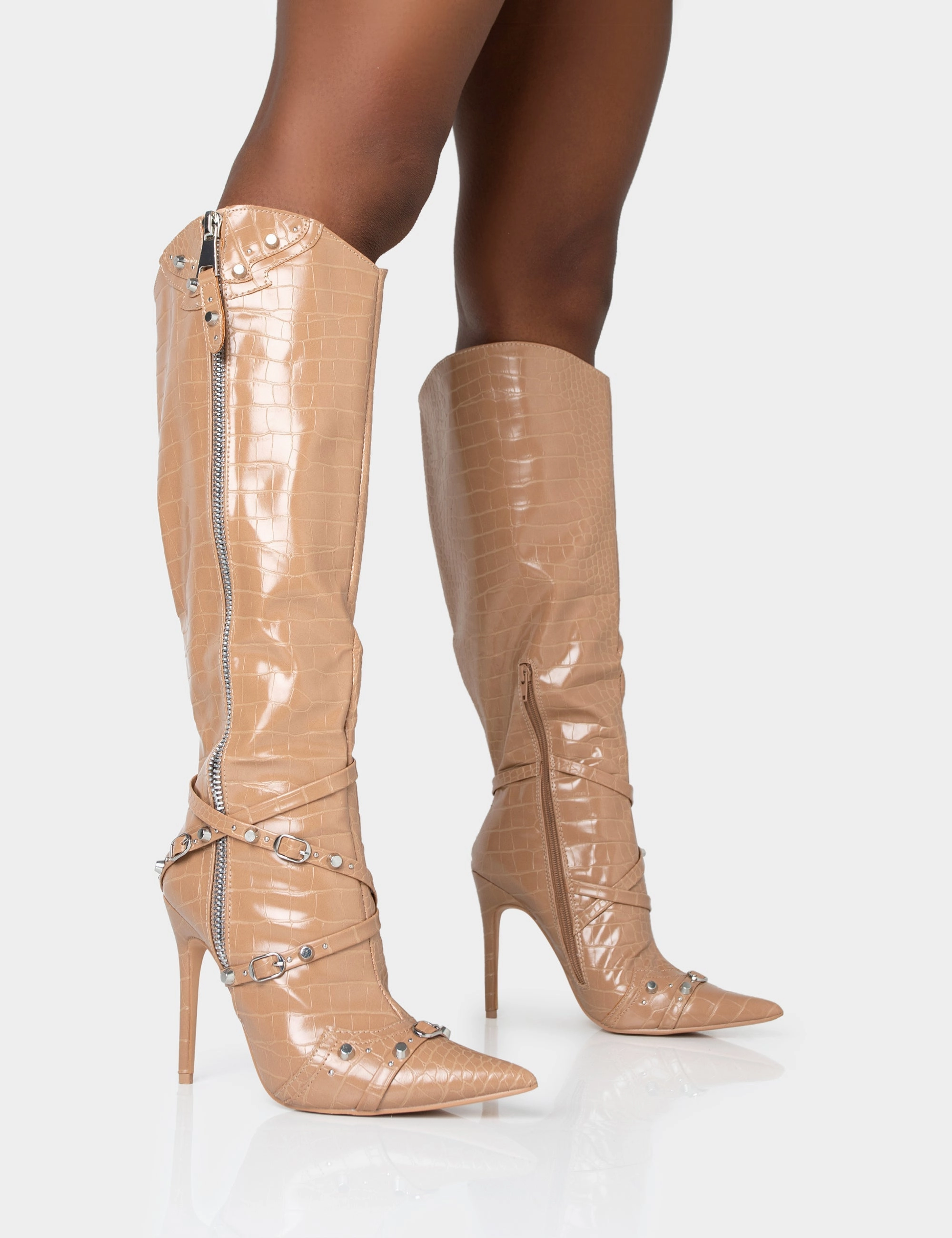 Worthy Camel Croc Studded Zip Detail Pointed Toe Stiletto Knee High Boots Academy Sports Hunting Boots