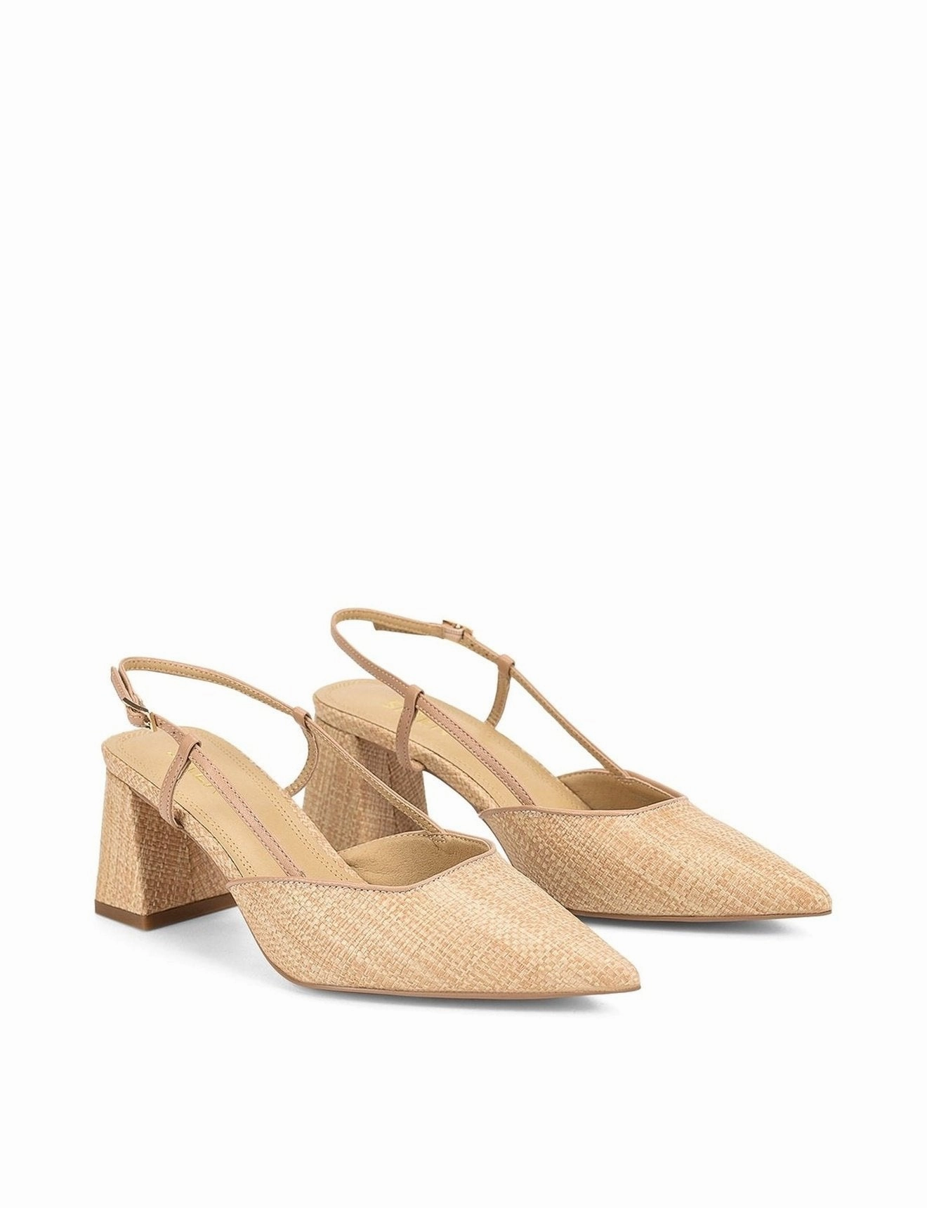 Yasmine Slingback Heels - Almond Leather & Natural Raffia High Quality Heels